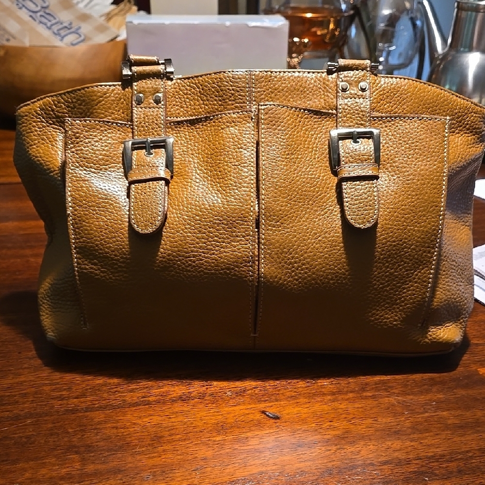 Tignanello Tan Leather Shoulder Bag with Buckle Straps